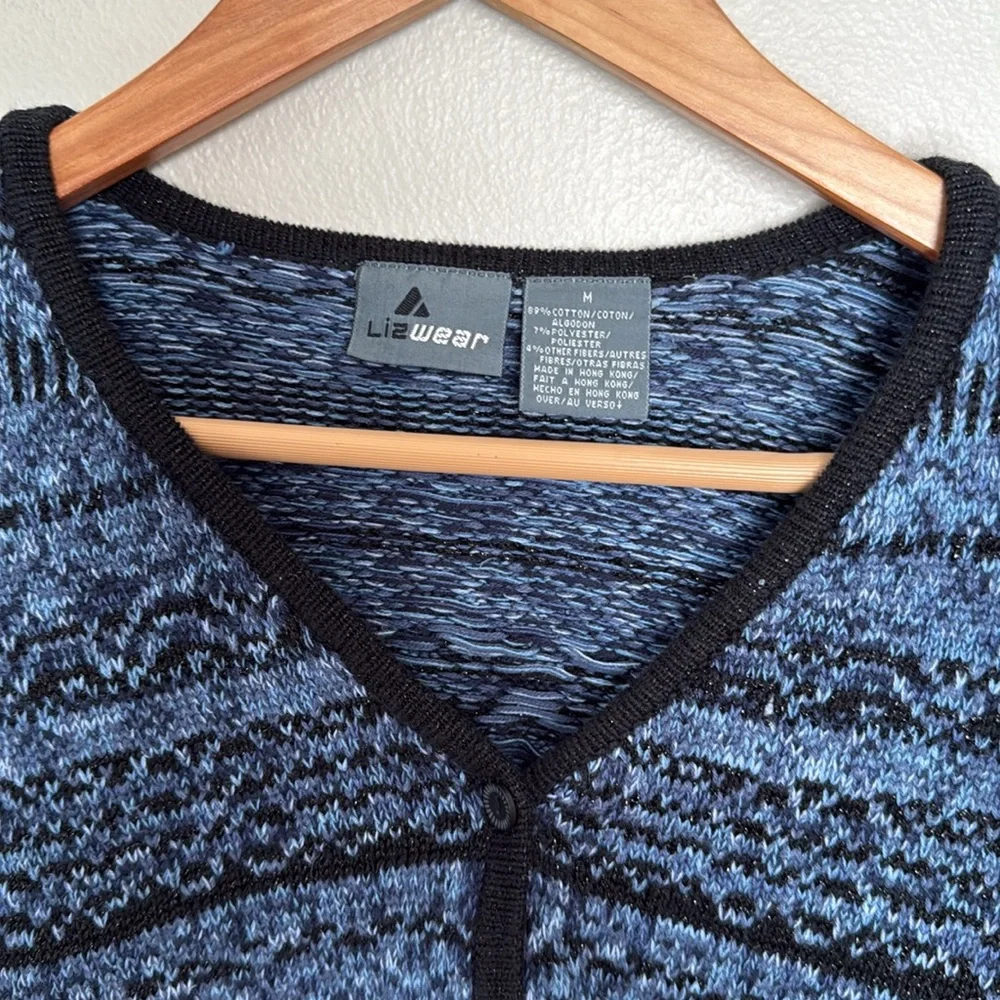 Vintage LizWear Blue and Black Patterned Women's Sweater medium cropped cardigan